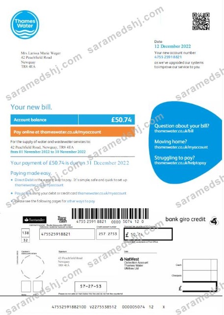 UNITED KINGDOM THAMES WATER utility bill Word and PDF template